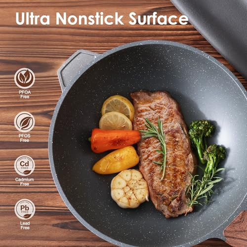 SENSARTE 11-Inch Nonstick Wok Pan with Lid - Gray, Healthy Stir-Fry Chef's Pan