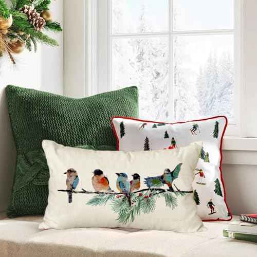 RABUSOFA Christmas Outdoor Pillow Covers Waterproof 12x20 Inch Birds Christmas Winter Decorations Lumbar Throw Pillow Cases Xmas Birds Decor Decorative Pillows for Couch Holiday Teal