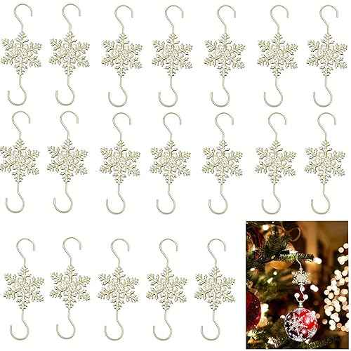 Ornament Hooks for Hanging Decorations, 20 PCS Gold Snowflake S-shaped Hangers - Swirl Christmas Tree Hangers with Crystal Beaded Tips for Small Ornaments