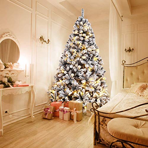 7.5FT Artificial Snow Christmas Tree with Hinged Branches & Metal Stand - Indoor Outdoor Holiday Decor