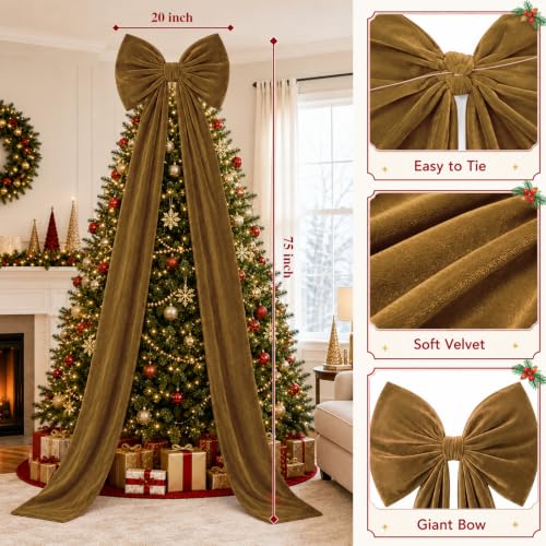 ARQRHTLY 75x20 Inch Dark Brown Velvet Bow Christmas Tree Topper - Rustic Holiday Decor