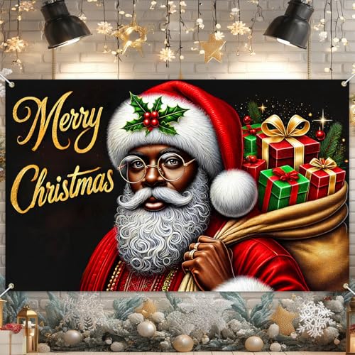 Merry Christmas Banner, African American Santa, 71x43 in - BlissYard, Indoor/Outdoor Holiday Decoration (Variation: Merry Christmas Banner#1)