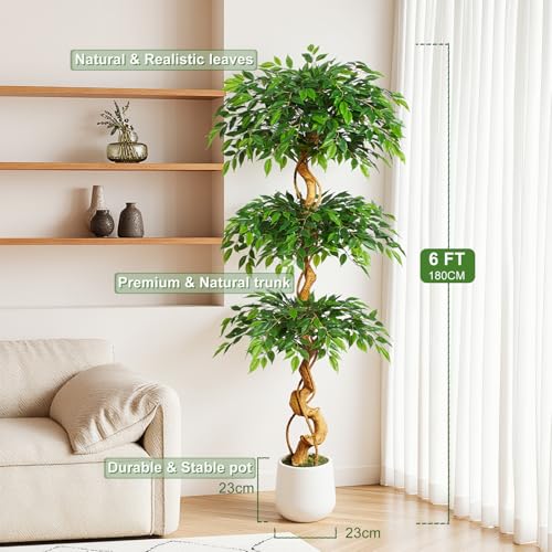 6ft Large Faux Ficus Tree in White Pot - Realistic Indoor Artificial Tree