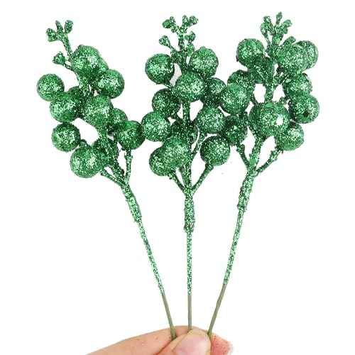 DIYASY Green Glitter Berry Stems,20Pcs Artificial Xmas Picks and Sprays Christmas Tree Filler Branches Ornaments Holiday Wreath Garland Decorations Home D?cor 7.8 Inch