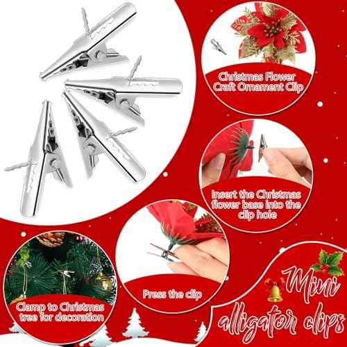 100 Pcs Christmas Tree Ornament Clips Ball Flower Decoration Clip Iron Metal Alligator Spring Clamps Test Line Crocodile Craft Baubles Hooks Hanger for Xmas Decorations 1.18 Inch