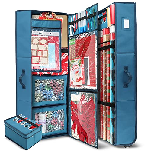 Hearth & Harbor Extra Large Blue Wrapping Paper Storage Container with Ribbons & Wheels