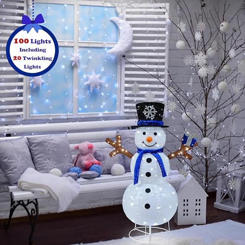 Meetjoyancy Blue White Lighted Snowman Outdoor Christmas Decor Collapsible Yard Inflatable with Gift Box