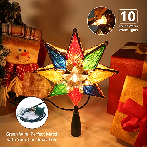 Brizled Multicolor Lighted 8-Inch Double-Sided Christmas Star Tree Topper with Warm Lights
