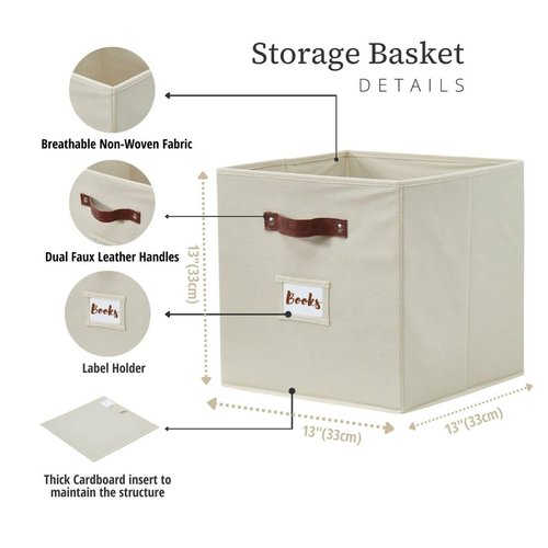 DECOMOMO Storage Cubes, 13x13x13 Storage Cube Bins with Labels, Fabric Organizer Bins (13" / 6pcs, Beige)
