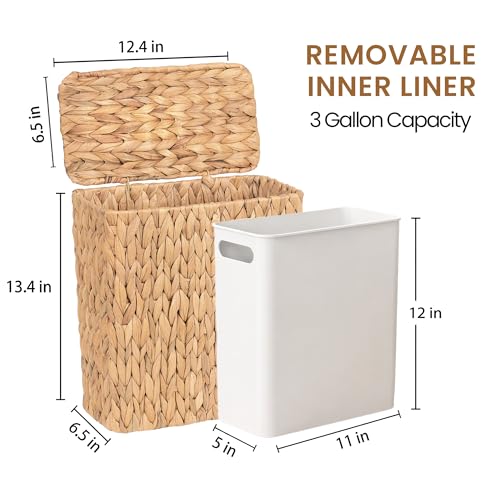 Water Hyacinth Wicker Trash Can with Lid, 3-Gallon Bathroom Waste Bin