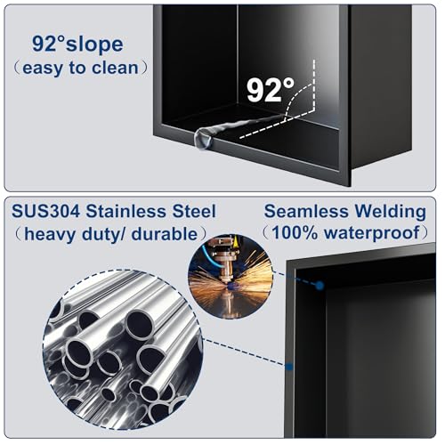 Neodrain 12x24-In Matte Black Stainless Steel Shower Niche - 2-Tier Recessed Wall Storage