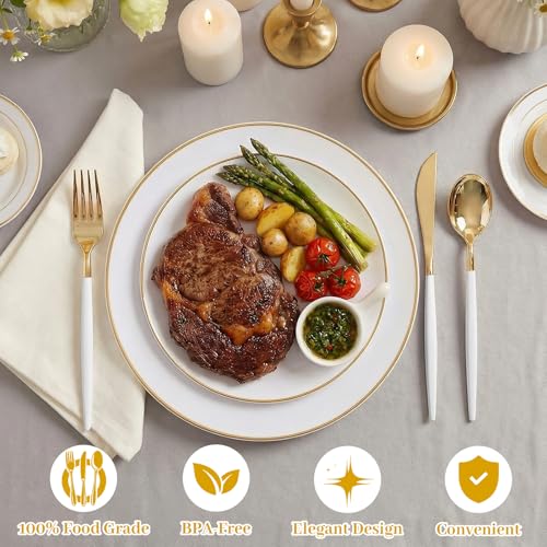 DaYammi Gold Disposable Dinnerware Set with White Handles - 150Pcs, Elegant Party Wedding
