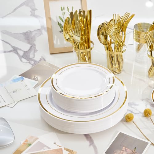 Gold Disposable Plates Set for 50 Guests - 350 Pieces Dinnerware & Cutlery