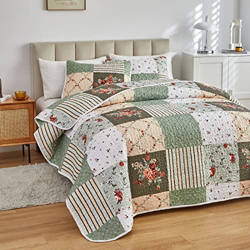Patchwork Quilt Set Full/Queen Green Floral Plaid Bedspread 3 Pieces - Reversible Lightweight Microfiber Summer Bed Coverlet - Queen 90"x90" Variation of THIS listing