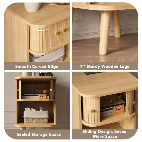 Oak Mid Century Modern Nightstand Set of 2 with Charging Station