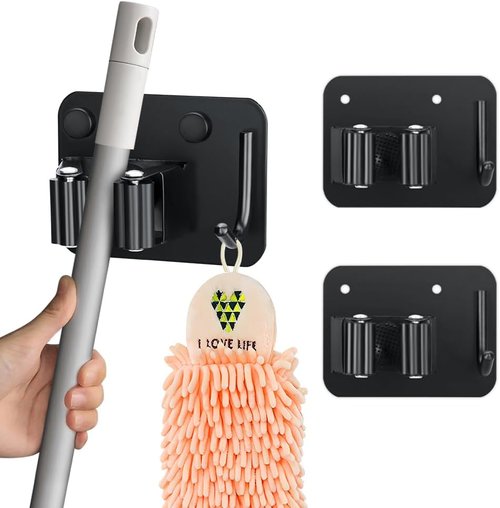 JAMEND CLXP Broom Holder - Heavy Duty Stainless Steel Mop Hanger | 2-Pack Wall Mount Utility Rack in Matte Black