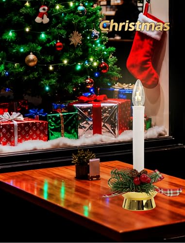 Hobbynors 4-Pack Golden Chamberstick Christmas Window Candles with Timer, 10.5 Inch LED Flameless Decor