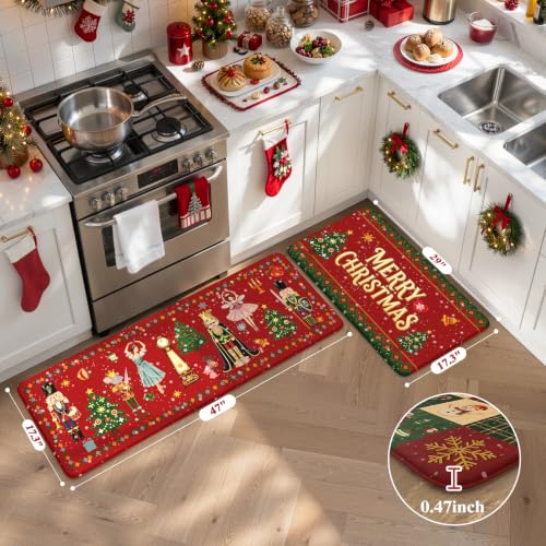 Sungea Christmas Kitchen Mat 17.3x29 + 17.3x47 Anti-Fatigue Non Slip Rug