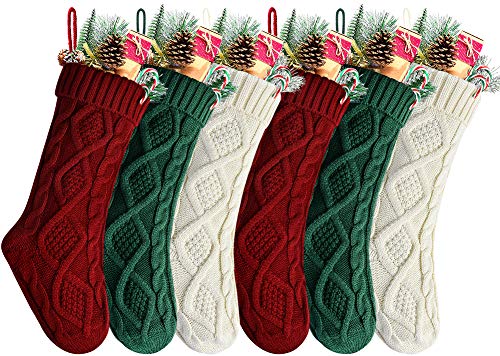 Kunyida Pack of 6 18" Burgundy Ivory Green Knit Christmas Stockings - Rustic Cable 6-Pack
