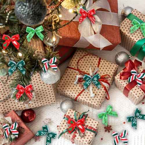 JOICEE 150 Pcs Christmas Mini Bows for Crafts, Tiny Twist Tie Bows Handmade Craft Ribbon Gift Bow with Box Stickers for DIY Sewing Gift Decorations Christmas Tree Wreath Door Garland Party Decor
