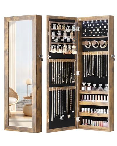 Nicetree Rustic Brown 6-LED Wall Jewelry Mirror Cabinet with Lock & Storage