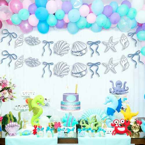 Oudain 2 Pack Blue Bow Starfish Seashell Garland 6.56 ft Blue Coastal Christmas Banner Decor Ocean Nautical Beach Christmas Ornaments Under The Sea Paper Hanging Banner for Birthday Mermaid Xmas Party