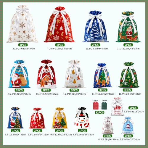 Qrain 32Pcs Christmas Gift Bags Set with Drawstring, Reusable Holiday Wrapping