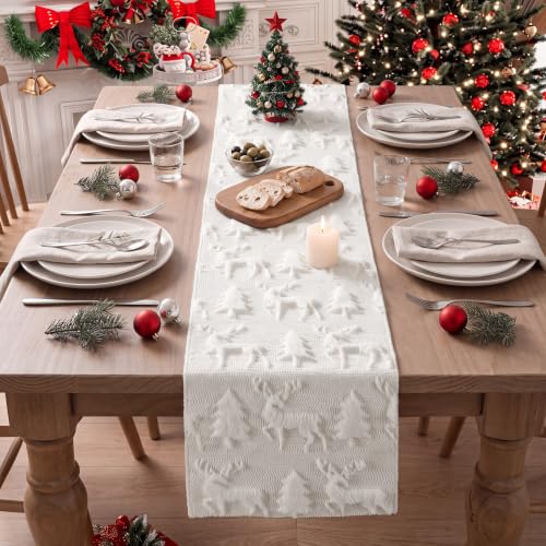 Cream White Christmas Faux Fur Tree Elk Table Runner 13x72 Inch - Windkream Snowy Holiday Decor