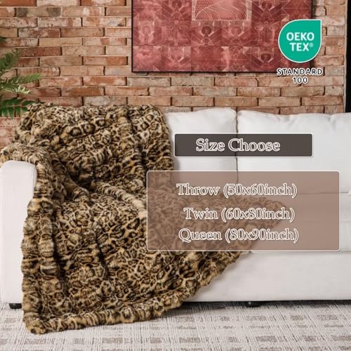 Faux Rabbit Fur Throw Blanket - Leopard Brown, 50x60 Inches, Super Thick & Cozy