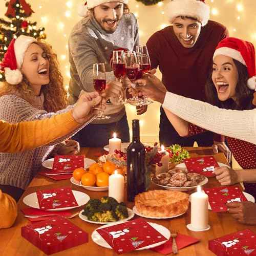 Quera 50 Pack Christmas Paper Napkins Snowman Red Silver Foil Disposable Beverage Napkins Decorative Table Napkin for New Year Winter Dinner Merry Christmas Holiday Xmas Party Supplies, 6.5 "x 6.5"