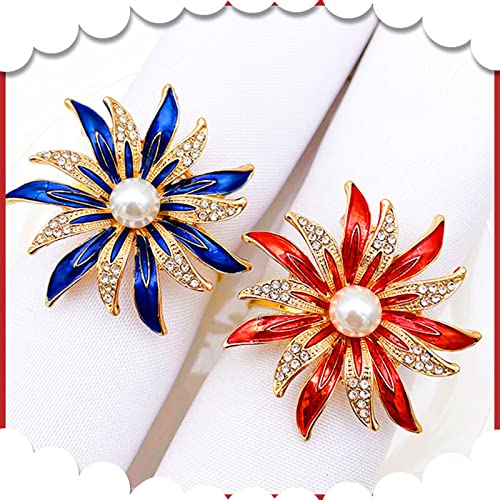 Blue Rhinestone Flower Napkin Rings Set of 6 for Wedding & Party Decor
