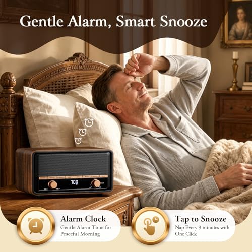 Vintage Wooden Bluetooth Clock Radio with AM/FM Reception - Deep Walnut