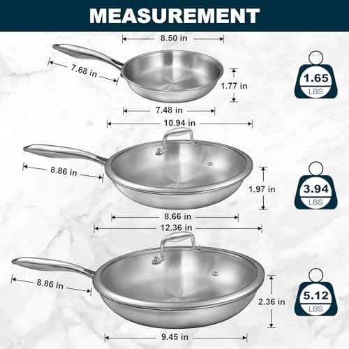 8+10+12 Inch Tri-Ply Stainless Steel Frying Pan Set with Lids - PFOA & PTFE Free
