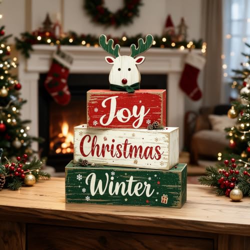 Elk Reindeer Christmas Wooden Tiered Tray Decor with Joy Winter Sign - Rustic Farmhouse Holiday Tabletop Display