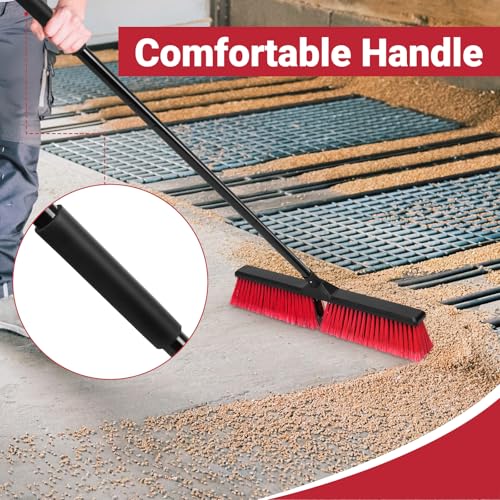 Outdoor Push Broom 24 Inch Heavy Duty Stiff Bristle Floor Sweeper with 63-Inch Handle - Pack of 3 - Ideal for Garage, Deck, Concrete, Patio