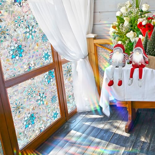 Niviy Christmas Window Clings 16.93 x 39.37in – Stained Glass Snowflake Film, Static Cling, Rainbow Shadows, Indoor/Outdoor Holiday Decor
