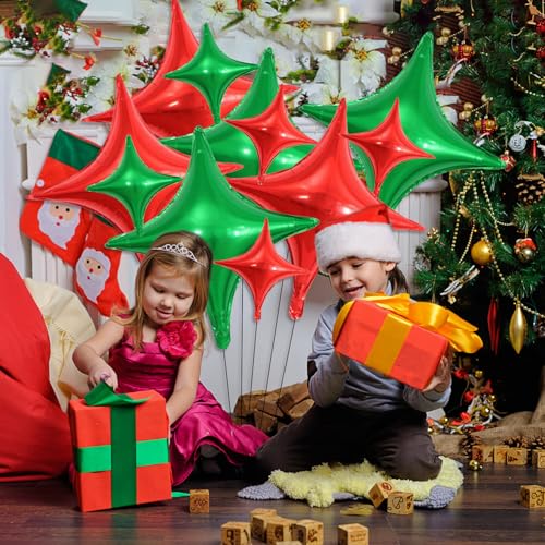 Red and Green Star Balloons Set - 14pcs Foil Balloons for Christmas & Birthday Decorations