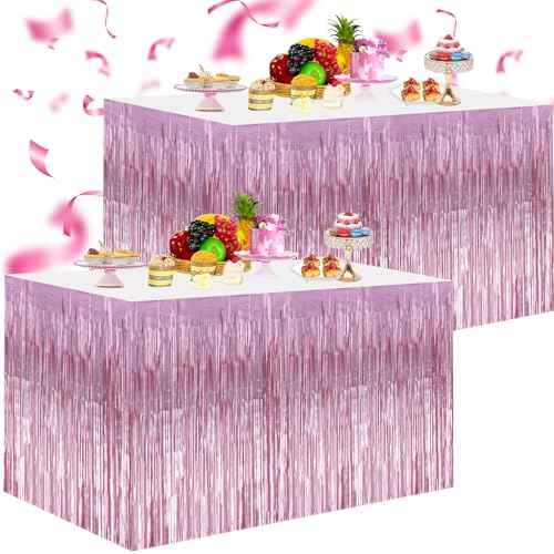 2 Packs Metallic Foil Fringe Table Skirt Pink Tinsel Table Skirt Garland for Rectangle Tables Hotel Floats Mardi Gras Holiday Birthday Wedding New Year Party Decoration (108 X 29 inch)