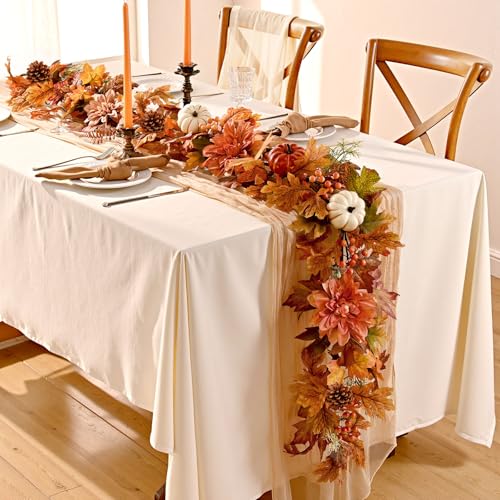 Orange 6FT Fall Garland with Lights - 2 Pcs Autumn Decor for Mantle & Porch