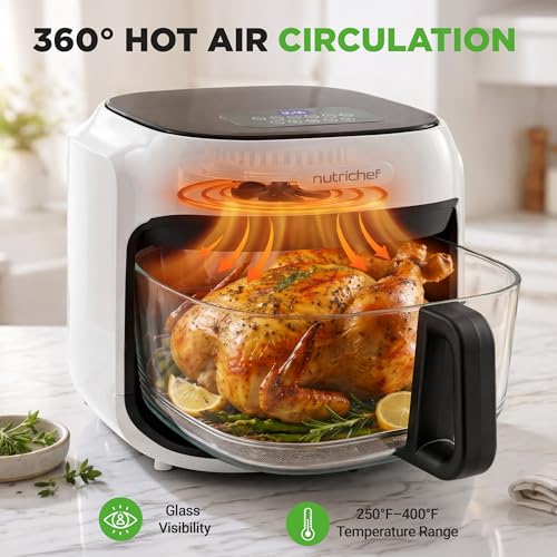 NutriChef 7.5 Quart Family Size Air Fryer with Glass Bowl - White