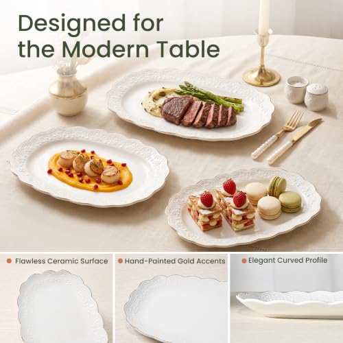 Kassel Large Oval Ceramic Serving Platter Set - 16”, 14”, 12” Extra Large Trays for Entertaining & Weddings