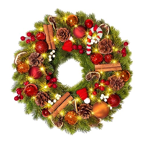 Quntis Candy Cane Christmas Wreath with Lights - 16 Inch Holiday Door Decor
