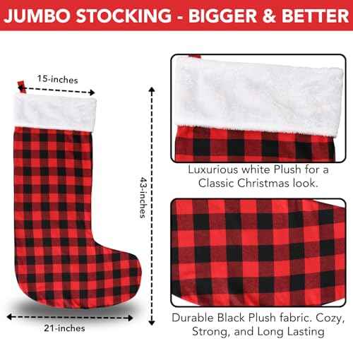 Iconikal Jumbo Red Buffalo Plaid Christmas Stocking - 43-Inch Tall Giant Eye-Catching Oversized Holiday Hanging Decoration