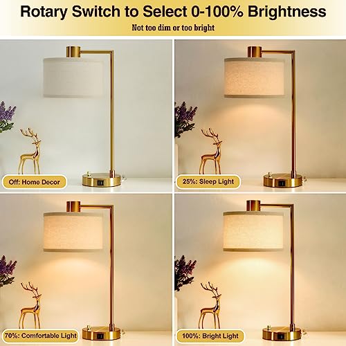 Gold Dimmable Table Lamp Set of 2 with USB-C & A Charging, Bedside Nightstand Lamps