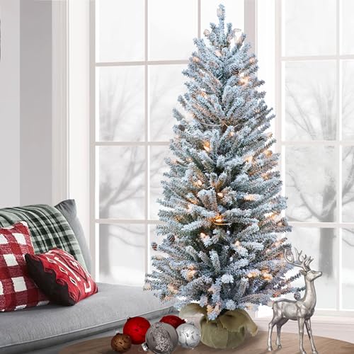Puleo International 3' Flocked Fir Artificial Christmas Tree with 50 Clear Lights, Pine Cones