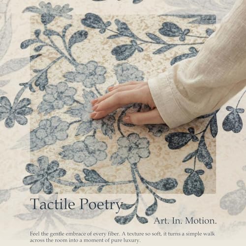 Jinchan Blue/Cream 3x10 Washable Floral Hallway Runner Rug Non-Slip