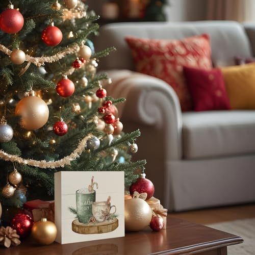 Christmas Decorations, Cute Room Decor Table Wood Box Sign, Warm and Cosy Let It Snow, Christmas Decorations Indoor, Farmhouse Rustic Wood Block Plaque for Home Desk Bedroom Decor 5x5