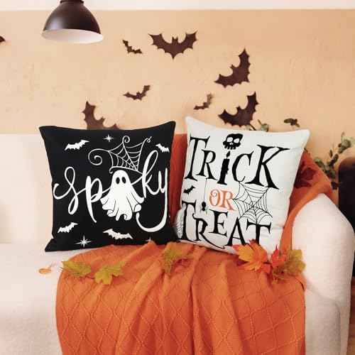 Ghost Halloween Decorations-Throw Pillow Covers 18x18in Set of 4,Spooky Gothic Black Cat Pillow Case for Couch Christmas Holiday Party Outdoor Black White Decor