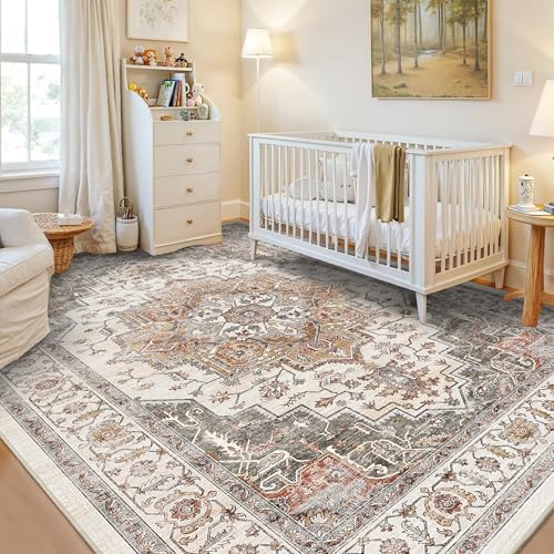 Orange & Gray 6x9 Boho Vintage Area Rug - Washable Non-Slip Living Room Carpet