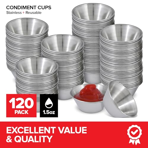 Stock Your Home 120 Pack 1.5 oz Stainless Steel Condiment Cups - Reusable Dipping Saucer Set